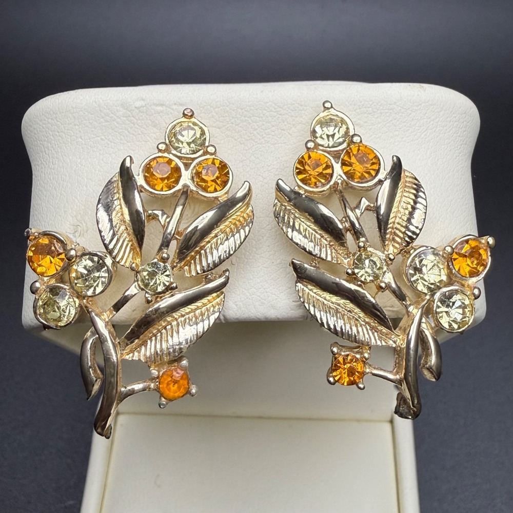 Vintage Amber & Champagne Rhinestone Flower & Leaf Gold Tone Clip On Earrings